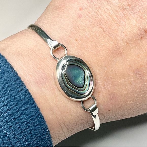 Vtg Sterling Silver Abalone Bangle Mexican Silver Bracelet - Picture 8 of 8